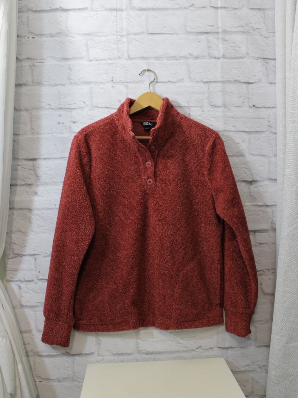 Eddie Bauer Small Rust Orange Longsleeve Pullover Button Mock Neck Fall Fleece
